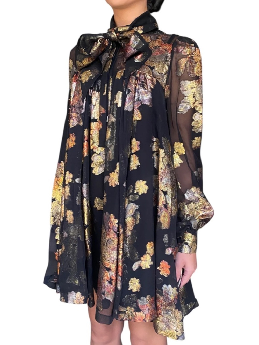 😮Saint Laurent Black Floral Silk Jacquard Mini Flared Dress - 40 - Picture 3 of 13